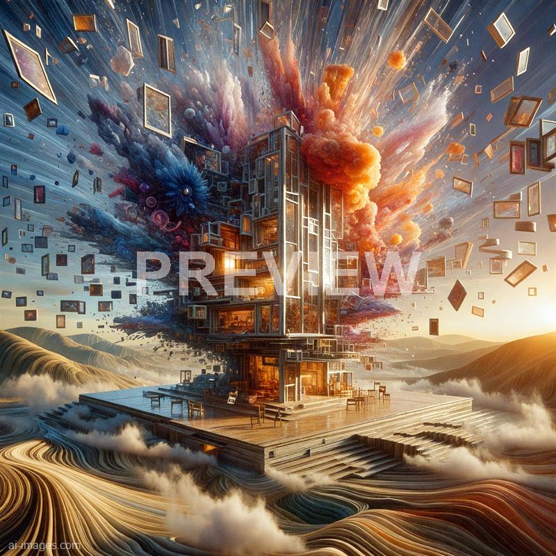 The image depicts a surreal scene with a modern, multi-story building made of glass and metal, situated on a platform surrounded by swirling, cloud-like formations. The sky above is filled with an explosion of colorful clouds and cosmic elements, with numerous floating picture frames scattered throughout the scene, creating a dreamlike atmosphere. The background features distant mountains and a setting sun, adding warmth and depth to the fantastical landscape.